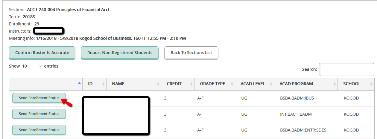 Send Enrollment Status Tab